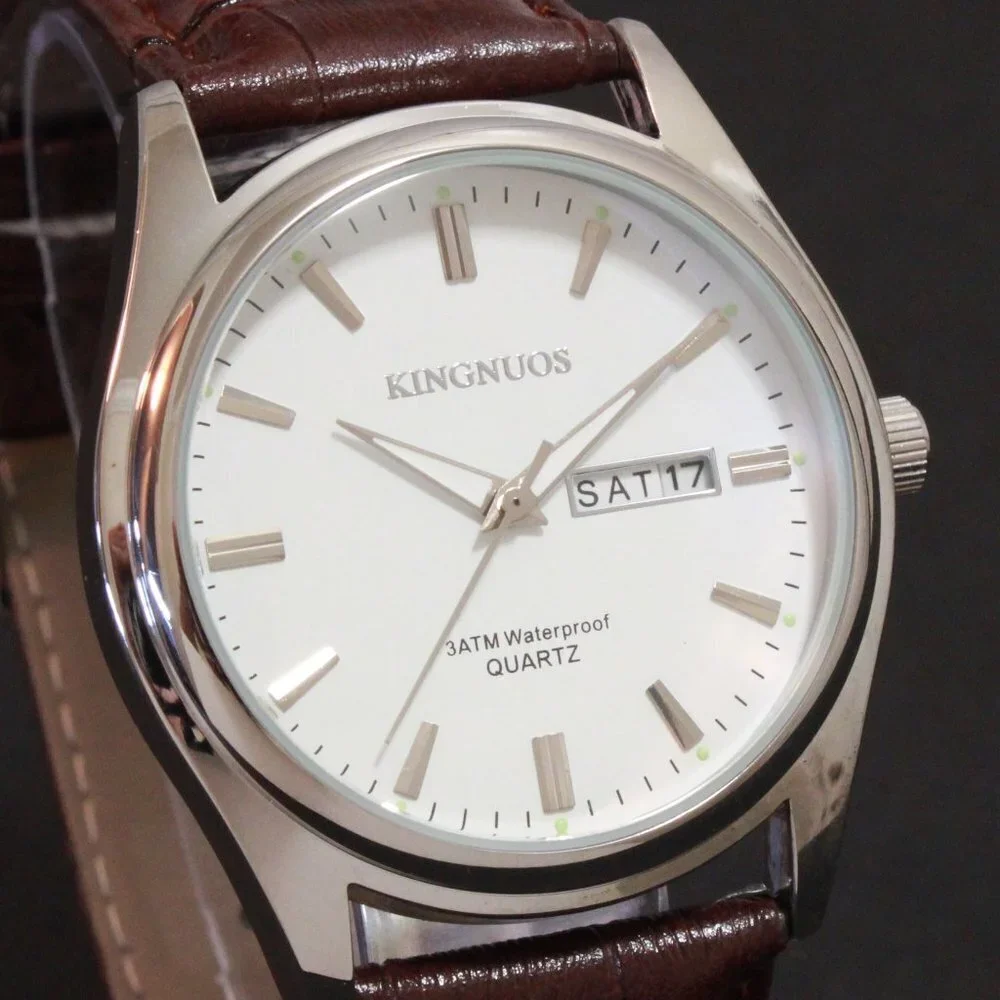 Men's Contemporary Dress Watch Silver Case Brown Leather Watch Strap 40mm - Picture 8 of 12